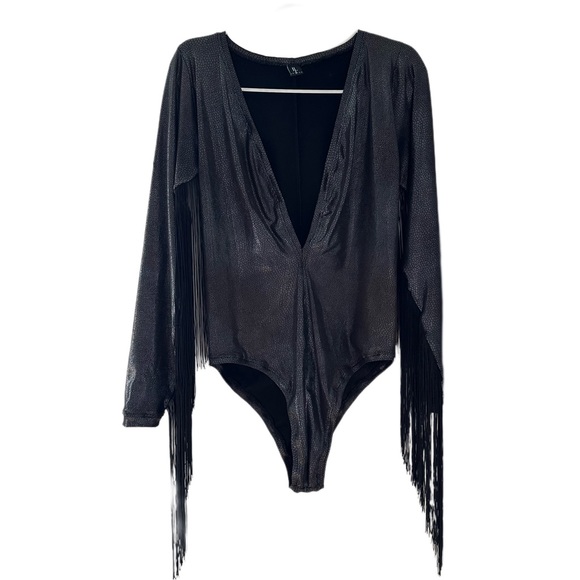 V-Neck Bodysuit with Fringe BLACK (Handmade Etsy Product) - Picture 5 of 9